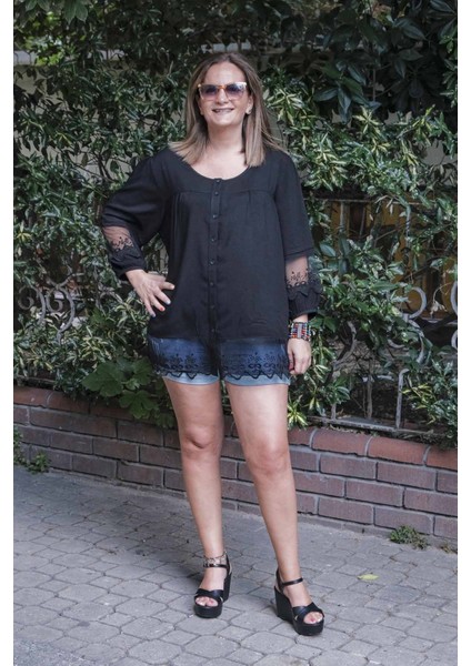 Zerotantik Dantel Detaylı Büyük Beden Gömlek Bluz Siyah