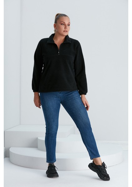 Kolları Lastikli Büyük Beden Siyah Polar Sweatshirt
