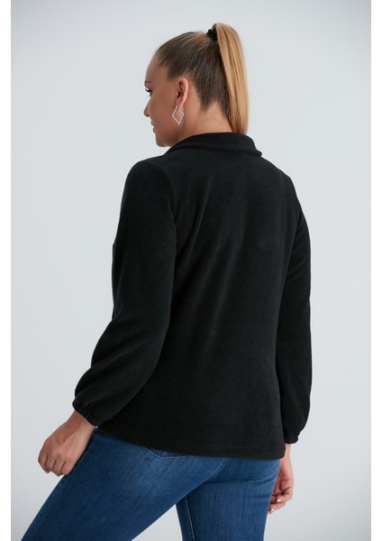 Kolları Lastikli Büyük Beden Siyah Polar Sweatshirt