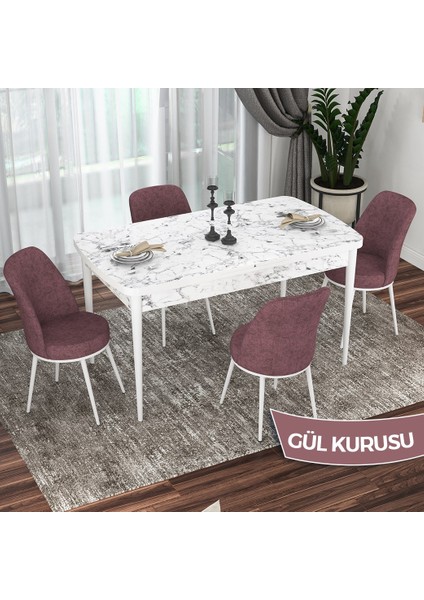 Concept Kor Serisi, Beyaz Mermer Desen 70X114 Açılabilir Mutfak Masası Takımı, 4 Sandalye