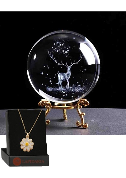 3D Karlar Ülkesi Geyik Tasarımlı Metal Ayaklı Cam Küre Dekoratif ve Papatya Kolye