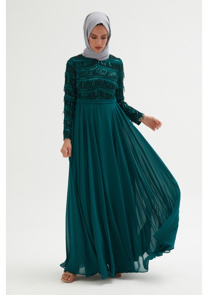 Payetli Abiye Elbise 718-YEŞIL 40