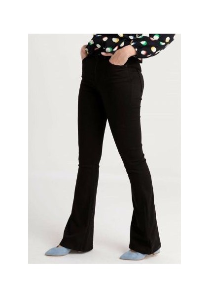 Kadın Siyah Solmayan Yüksel Bel Likralı Toparlayıcı Ispanyol Jeans Pantalon Harmony