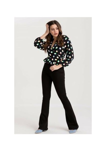 Kadın Siyah Solmayan Yüksel Bel Likralı Toparlayıcı Ispanyol Jeans Pantalon Harmony modelleri