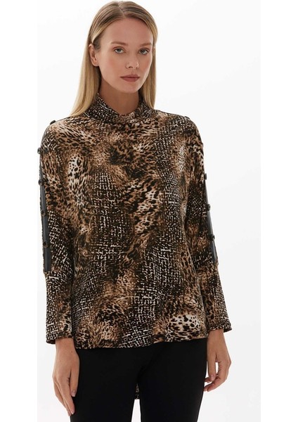 Balıkçı Yaka Kolu Deri Kombinli Leopar Bluz fiyatları