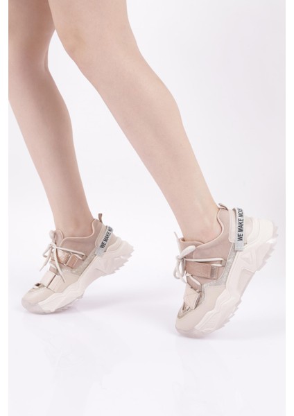 65140-22Y Kadın Mega Kalın Taban Simli Cırtlı Sneakers Ayakkabı