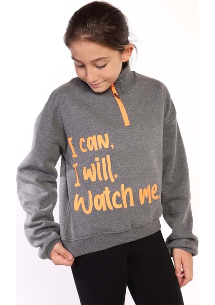 Toontoy Kız Çocuk Dik Yaka Fermuarlı Baskılı Sweatshirt