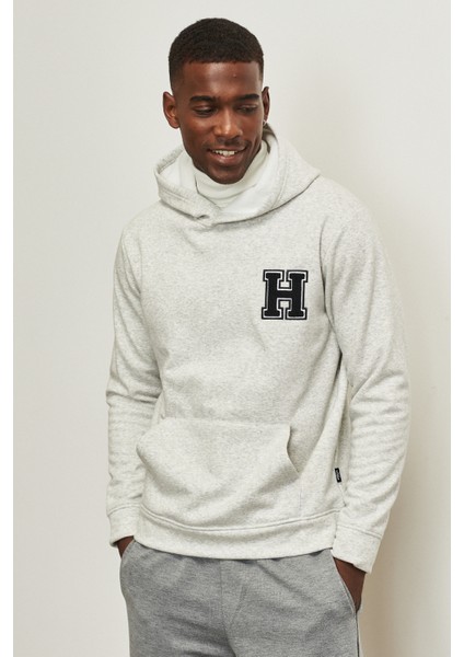 Erkek Gri Melanj Standart Fit Normal Kesim Içi Polarlı Içi Polarlı Kapüşonlu Sweatshirt