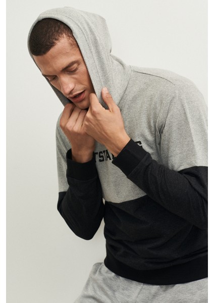 Erkek Grı Melanj-antrasıt Melanj Recycle Slim Fit Dar Kesim Kapüşonlu Yaka Desenli Sweashirt