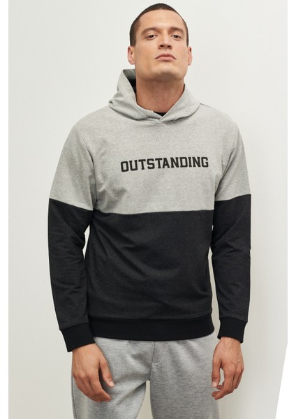 Erkek Grı Melanj-antrasıt Melanj Recycle Slim Fit Dar Kesim Kapüşonlu Yaka Desenli Sweashirt