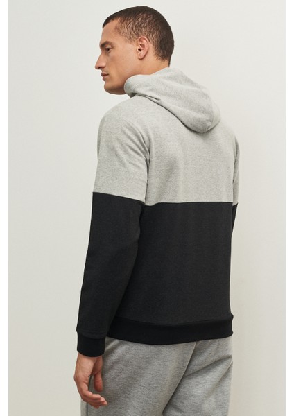 Erkek Grı Melanj-antrasıt Melanj Recycle Slim Fit Dar Kesim Kapüşonlu Yaka Desenli Sweashirt