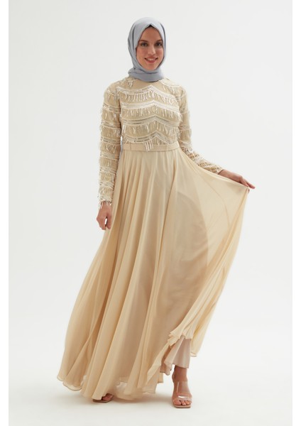 Payetli Abiye Elbise 718-BEJ 42