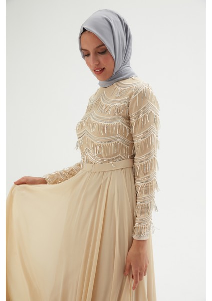 Payetli Abiye Elbise 718-BEJ 42 modelleri