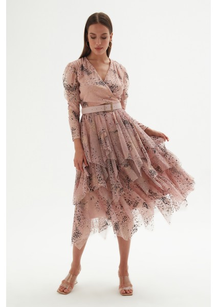 Kruvaze Yaka Baskılı Tül Abiye Elbise 1773-PUDRA 38
