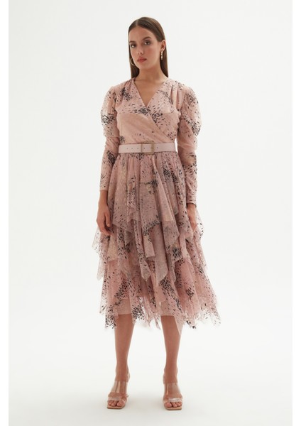 Kruvaze Yaka Baskılı Tül Abiye Elbise 1773-PUDRA 38 fiyatları