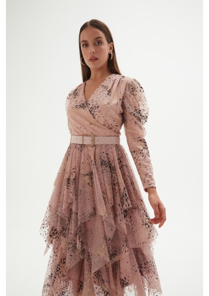Kruvaze Yaka Baskılı Tül Abiye Elbise 1773-PUDRA 38 modelleri