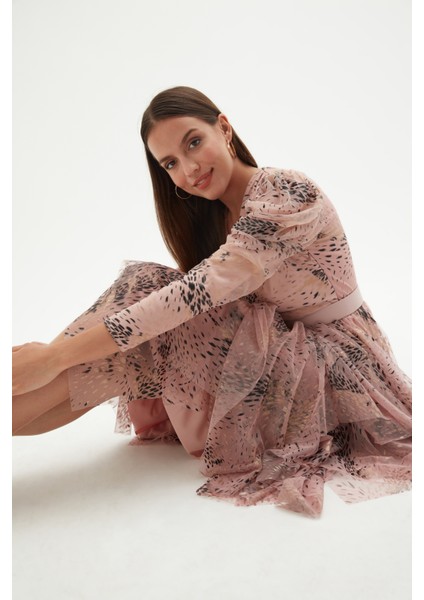 Kruvaze Yaka Baskılı Tül Abiye Elbise 1773-PUDRA 38 fırsatları