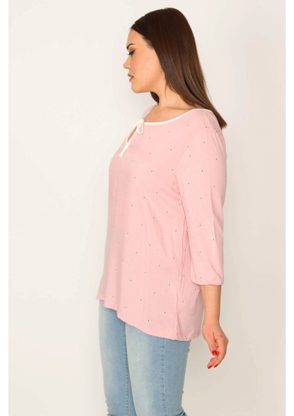 Kadın Pembe Öpücük Yaka Biyeli Kapri Kol Bluz modelleri