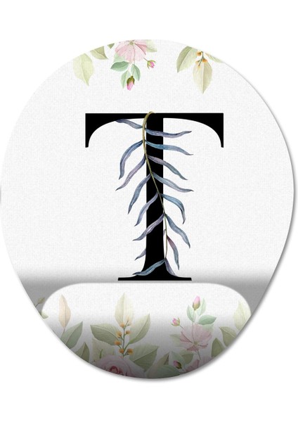 T Harfi - Çiçekli Harf Bilek Destekli Mousepad Model - 1 Oval