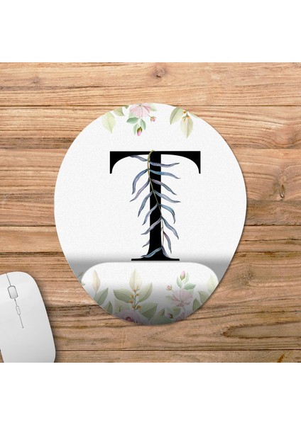 T Harfi - Çiçekli Harf Bilek Destekli Mousepad Model - 1 Oval