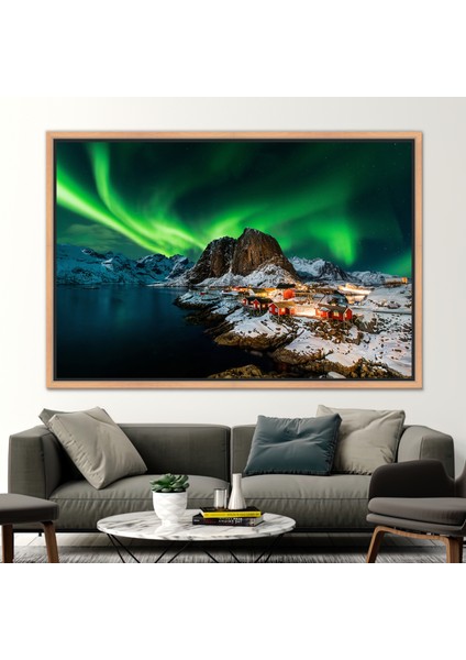 1 Parça Naturel Çerçeveli Kanvas Tablo Northern Lights Manzarası Lofoten Fotoğraf Kanvas fiyatları