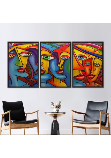 3 Parçalı Siyah Çerçeveli Kanvas Tablo Insanlar Duvar Süsü Renkli Kanvas Poster