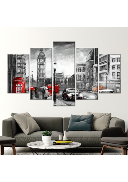 5 Parçalı Mix Kanvas Tablo Sokak Kanvas Baskı Londra Baskılı Yağmurlu Gün Sanat Eseri