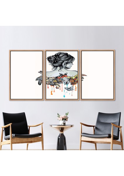 3 Parçalı Naturel Çerçeveli Kanvas Tablo Kız ve Kelebekler Çizimi Soyut Kanvas Poster fiyatları