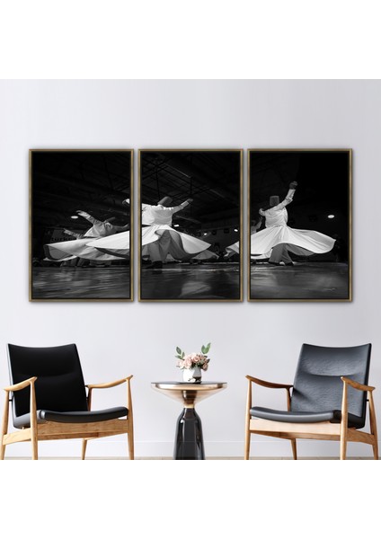 3 Parçalı Gold Çerçeveli Kanvas Tablo Dönen Dervish Siluetler Dansı Duvar Süsü