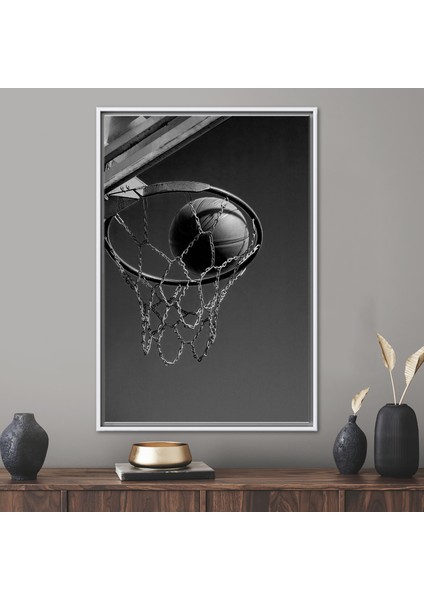 1 Parça Beyaz Çerçeveli Kanvas Tablo Basketbol Çember Poster Erkek Mağarası Sanat Eseri