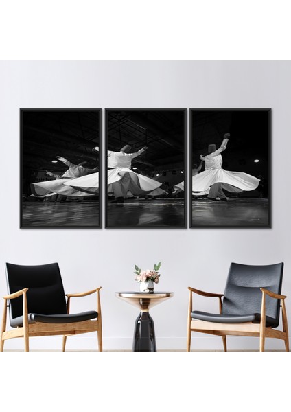 3 Parçalı Siyah Çerçeveli Kanvas Tablo Dönen Dervish Siluetler Dansı Kanvas