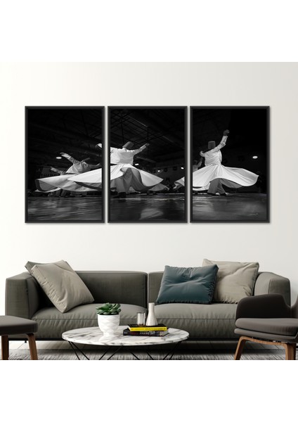 3 Parçalı Siyah Çerçeveli Kanvas Tablo Dönen Dervish Siluetler Dansı Kanvas fiyatları