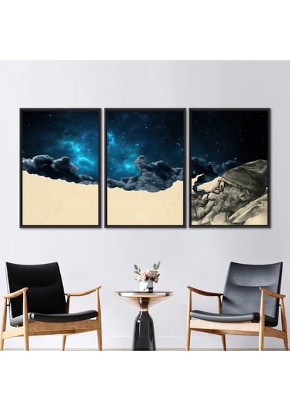 3 Parçalı Siyah Çerçeveli Kanvas Tablo Gerçeküstü Posteri Soyut Sanat