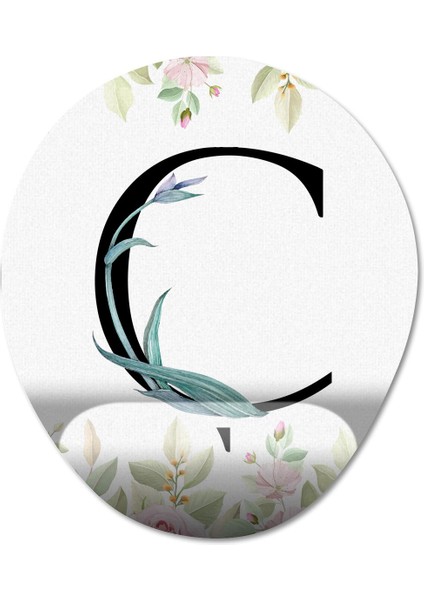 Ç Harfi - Çiçekli Harf Bilek Destekli Mousepad Model - 1 Oval