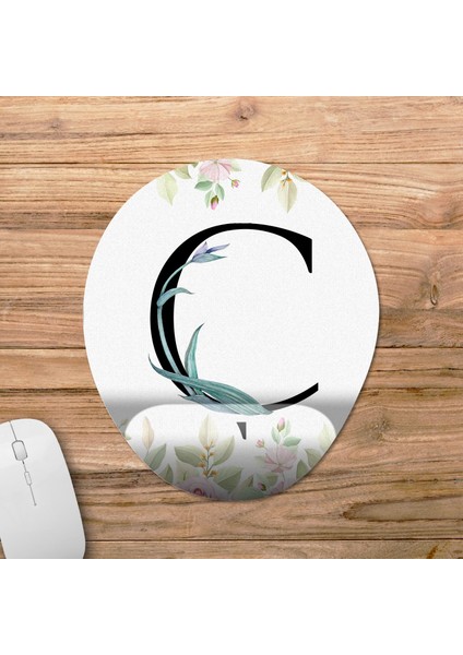 Ç Harfi - Çiçekli Harf Bilek Destekli Mousepad Model - 1 Oval