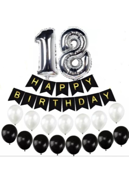 18 Yaş Gümüş Folyo Balon Happy Bırthday Banner Yazı Seti Balonlu