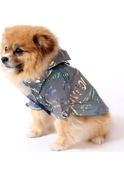 Yazı Desenli Pet Yağmurluk - Gri - Köpek Kedi Kıyafeti