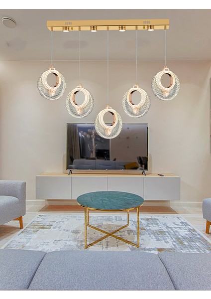 Modern Lüks 3 Renk Ledli 5'li Tasarım Sarkıt Yemek Masası Gold Sarı