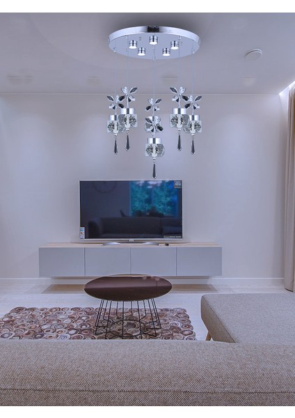 Modern Ultra Lüks 3 Renk Ledli 6'lı Tasarım Sarkıt Krom Avize