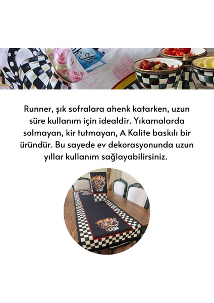 Mackenzie Model Damalı Püsküllü Siyah Balkabağı Desen Keten Runner ve Mutfak Havlusu Luxury Takım