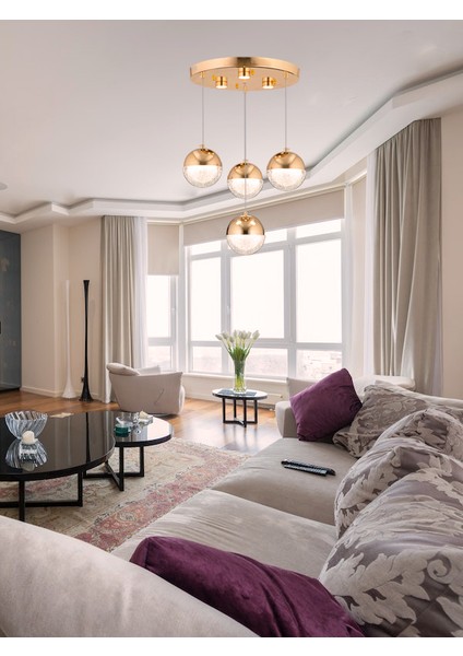 Lüks Modern 3 Renk Ledli 4'lü Tasarım Sarkıt Gold Sarı Avize