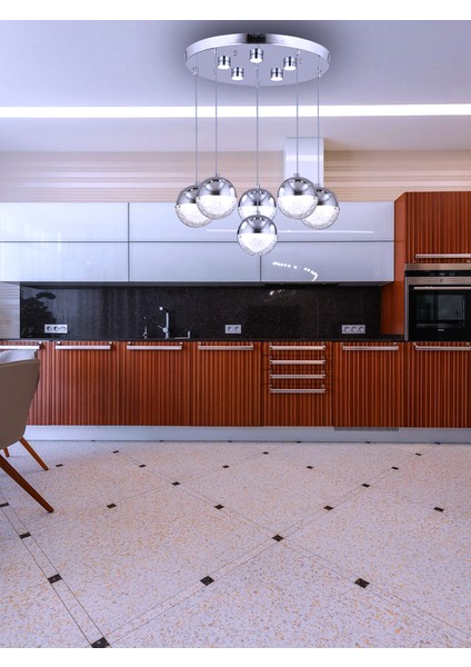 Lüks Modern 3 Renk Ledli 6'lı Tasarım Sarkıt Krom Avize