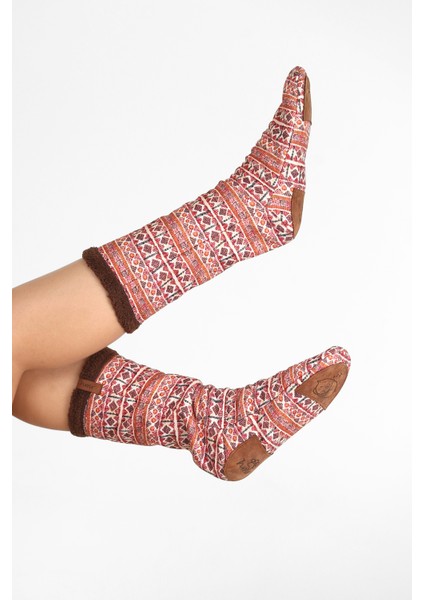 Kadın Renkli Desenli Kışlık Çorap Kaydırmaz Patik CRP-044 Olden Kahve Wellsoft modelleri