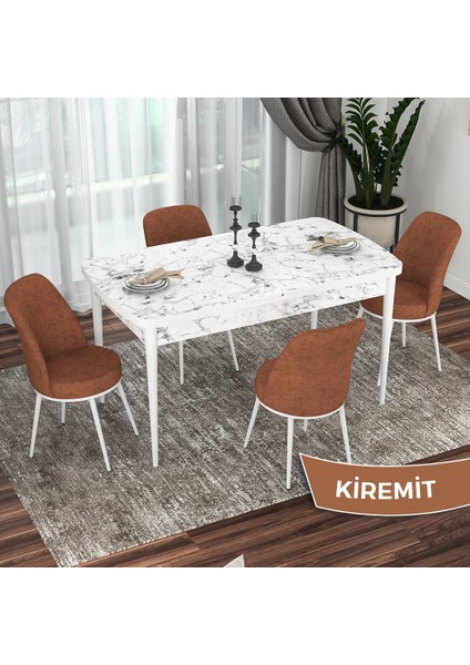 Concept Kor Serisi, Beyaz Mermer Desen 70X114 Açılabilir Mutfak Masası Takımı, 4 Sandalye