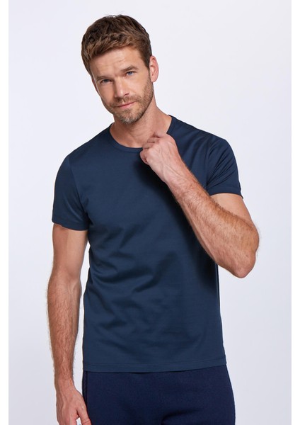 Bisiklet Yaka Lacivert Basic T-Shirt