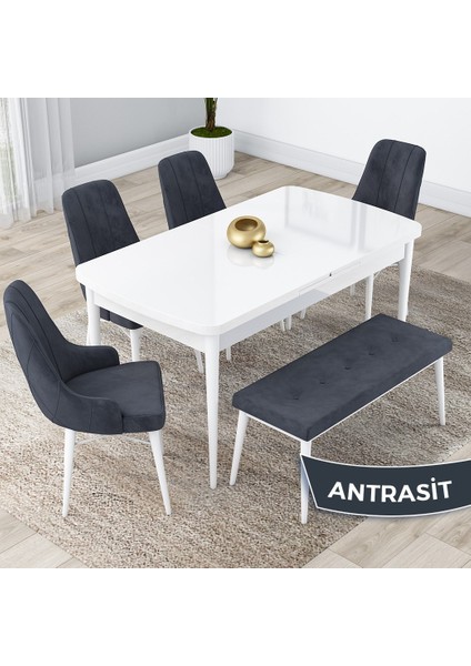 Concept Kar Serisi, 80X132 Açılabilir Mdf Mutfak Masa Takımı, Beyaz Masa 4 Sandalye ve 1 Bench