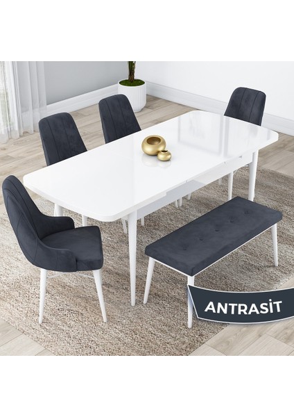 Concept Kar Serisi, 80X132 Açılabilir Mdf Mutfak Masa Takımı, Beyaz Masa 4 Sandalye ve 1 Bench