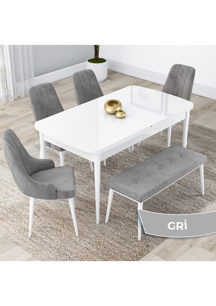 Concept Kar Serisi, 80X132 Açılabilir Mdf Mutfak Masa Takımı, Beyaz Masa 4 Sandalye ve 1 Bench
