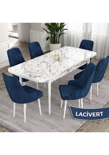 Concept Eta Serisi, 80X132 Açılabilir Mdf Mutfak Masa Takımı, Beyaz Mermer Desen Masa 6 Sandalye
