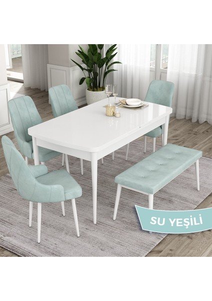 Concept Eta Serisi, 80X132 Açılabilir Mdf Mutfak Masa Takımı, Beyaz Masa 4 Sandalye ve 1 Bench